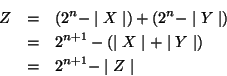 \begin{eqnarray*}Z &= & (2^n - \ensuremath{\mid X \mid} ) + (2^n - \ensuremath{\...
...uremath{\mid Y \mid} )\\
&= & 2^{n+1} - \ensuremath{\mid Z \mid}\end{eqnarray*}